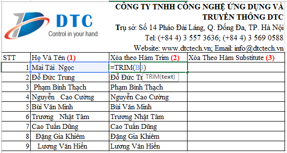 Xóa khoảng trắng ở đầu, trong và sau chữ trong excel